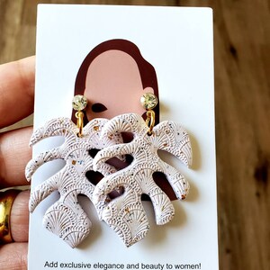 variegated monstera, White monstera leaf, polymer clay earrings, handmade statement earrings