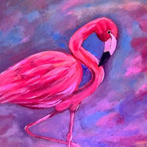 Tropical Flamingo Acrylic Painting: Hand-Painted Pink Bird Art, 20x16 Canvas