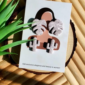 White monstera leaf-  cactus stud- polymer clay earrings