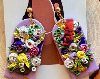 Lavender Floral Polymer Clay Earrings | Handmade Statement Flower Jewelry | Garden Bouquet Earrings | Colorful Gift for Her | Spring Dangles