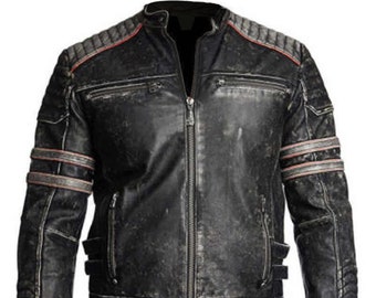 Biker Vintage Motorcycle Distressed Black Retro Leather Jacket