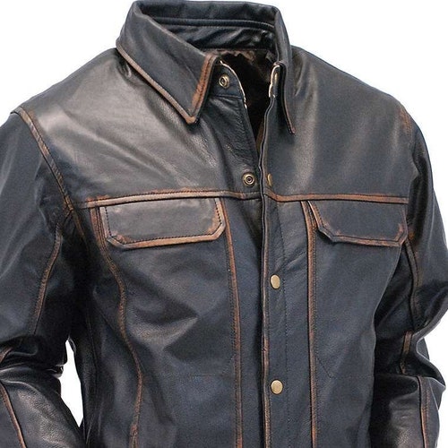 Men’s vintage brown slim fit real 2024 sheepskin leather shirt