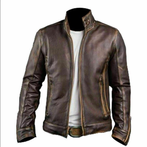 Handmade Cafe Racer Motorcycle Genuine Leather Jacket For Men Riders Jacket