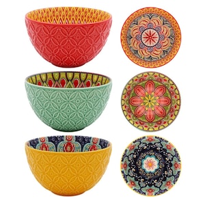 May include: Set of six colourful ceramic bowls with intricate patterns. The bowls are in shades of red, green, yellow, blue, and white. The bowls are perfect for serving salads, soups, or desserts.