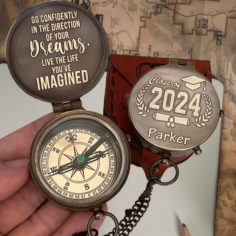 Graduation Gift Compass, Class of 2024 Gift, Customize Engraved Compass Senior 2024, Compass with Graduation Cap, College Graduation Gift image 1