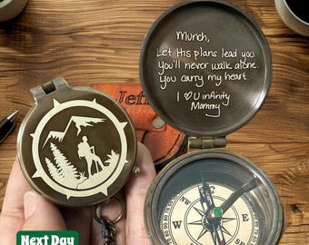 Personalized Brass Compass, Engraved Handwritten Message, Gift for Grandpa