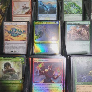 May include: A collection of Magic: The Gathering trading cards, featuring various card designs and illustrations. The cards are displayed in a tiered holder, showcasing the artwork and text on each card. The cards include "Dragon Fodder", "Fire Nation Raider", and "Galadriel, Elven-Queen".