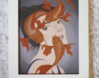 Fish Girl Art Print for Room, Home Decor, Gift, Digital Download