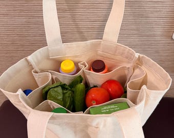 Tote with 6 Organizing Inner Pockets, Reversable, Canvas Farmer's Market Bag 100% Cotton, Reusable Grocery Shopping Bag, Heavy-Duty Storage