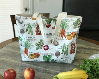 Veggie Garden-Bolsa de mano reversible de lona 100% algodón, bolsa de comestibles reutilizable, bolsa resistente, bolsa de mercado de agricultores, bolsa ecológica, hecha en EE. UU.