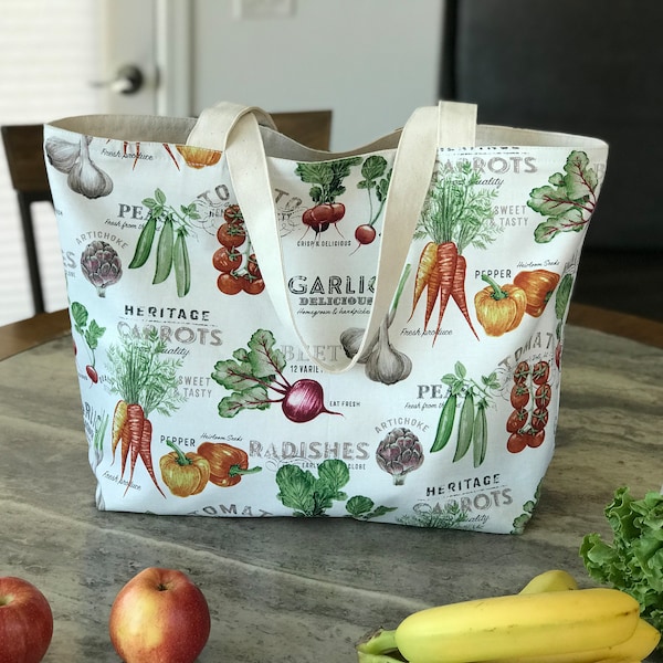Veggie Garden-Reversible 100% Cotton Canvas Tote Bag, Reusable Grocery Bag, Heavy-Duty Bag, Farmer's Market Bag, Eco-Friendly Bag, USA-made