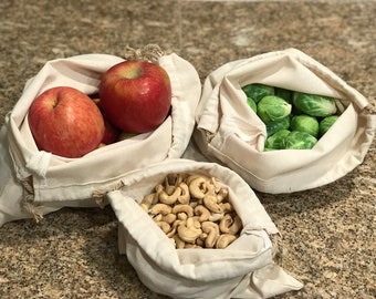 Set of 3 Reusable Produce Bags, 100% Natural Cotton Produce Bags, Eco-Friendly, Zero Waste, Plastic Free, Reusable bags, Machine Washable