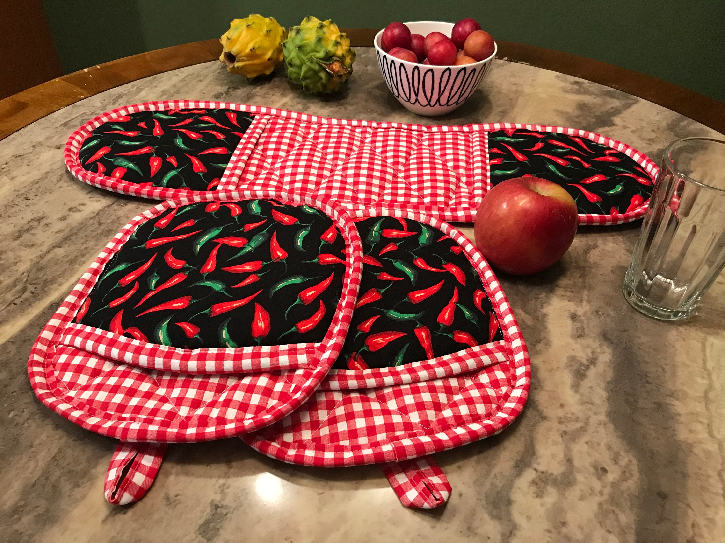 Set of Potholders W/pockets, Double Oven Glove, Oven Mitts, Double