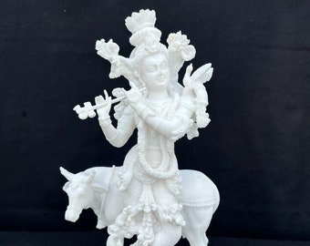 Cow Krishna Statue,27CM Dust Marble handmade Lord Krishna Idol,Hindu God Gopalji, Krishna Murti, Krishna With Flute,God of Love & Compassion