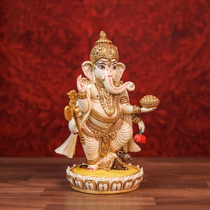 Ganesha Statue 19CM, Hand Painted Dust Marble Lord Ganesh Idol with Mouse, Hindu God of Good Luck & new beginnings, Elephant Head, Ganpathi