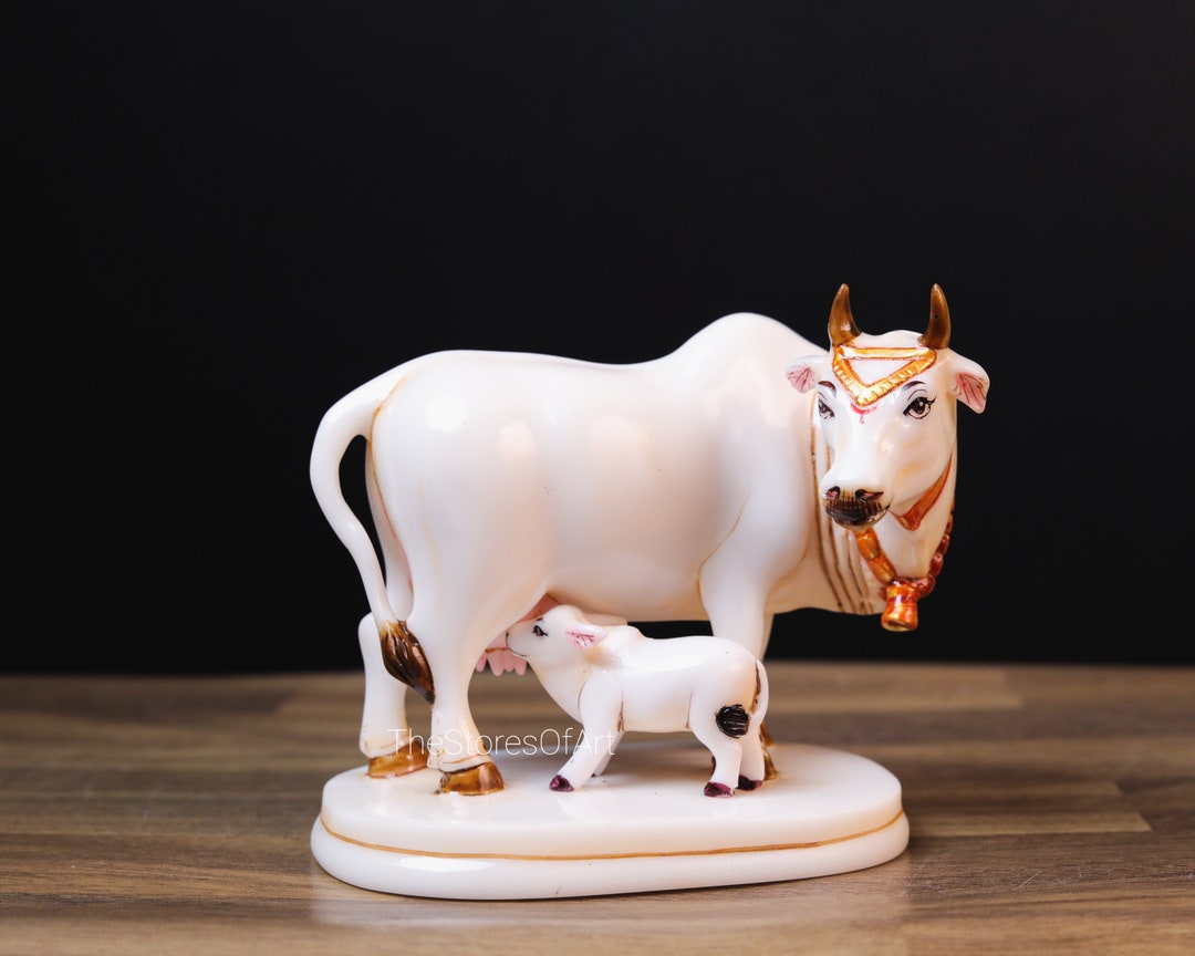 Kamdhenu Cow Statue, 9 CM, Marble Holy Cow Idol, Showpiece for Home