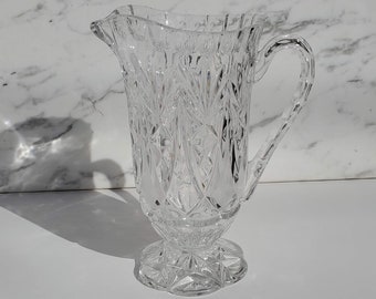 Tall Hand Cut Glass Diamond Leaf Pattern and Scalloped Footed Pitcher | Mid 20th Century Vintage | 9 inches tall