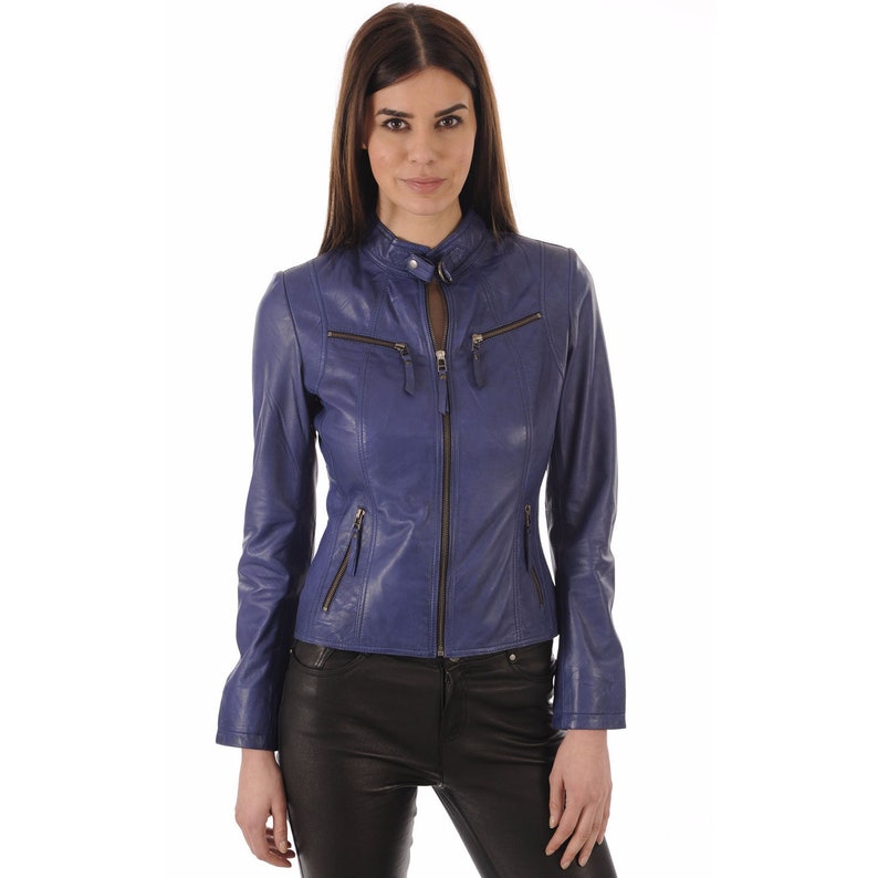 SkinOutfit Women Leather Jacket Bomber Biker Genuine Lambskin Leather Jacket for Women Blue