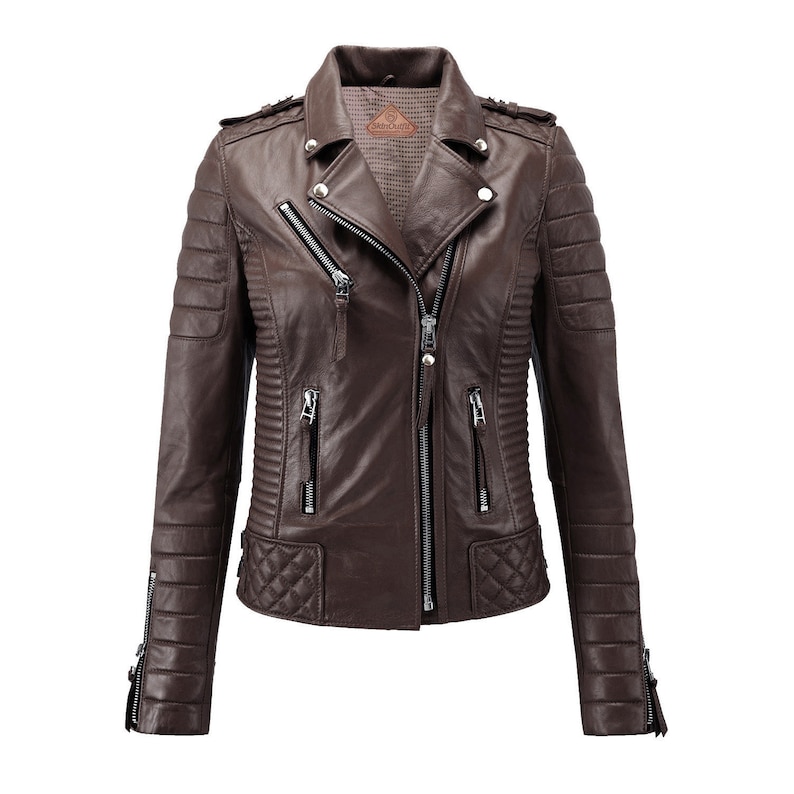 Women Stylish Motorcycle Biker Genuine Lambskin Leather Jacket for Women Brown