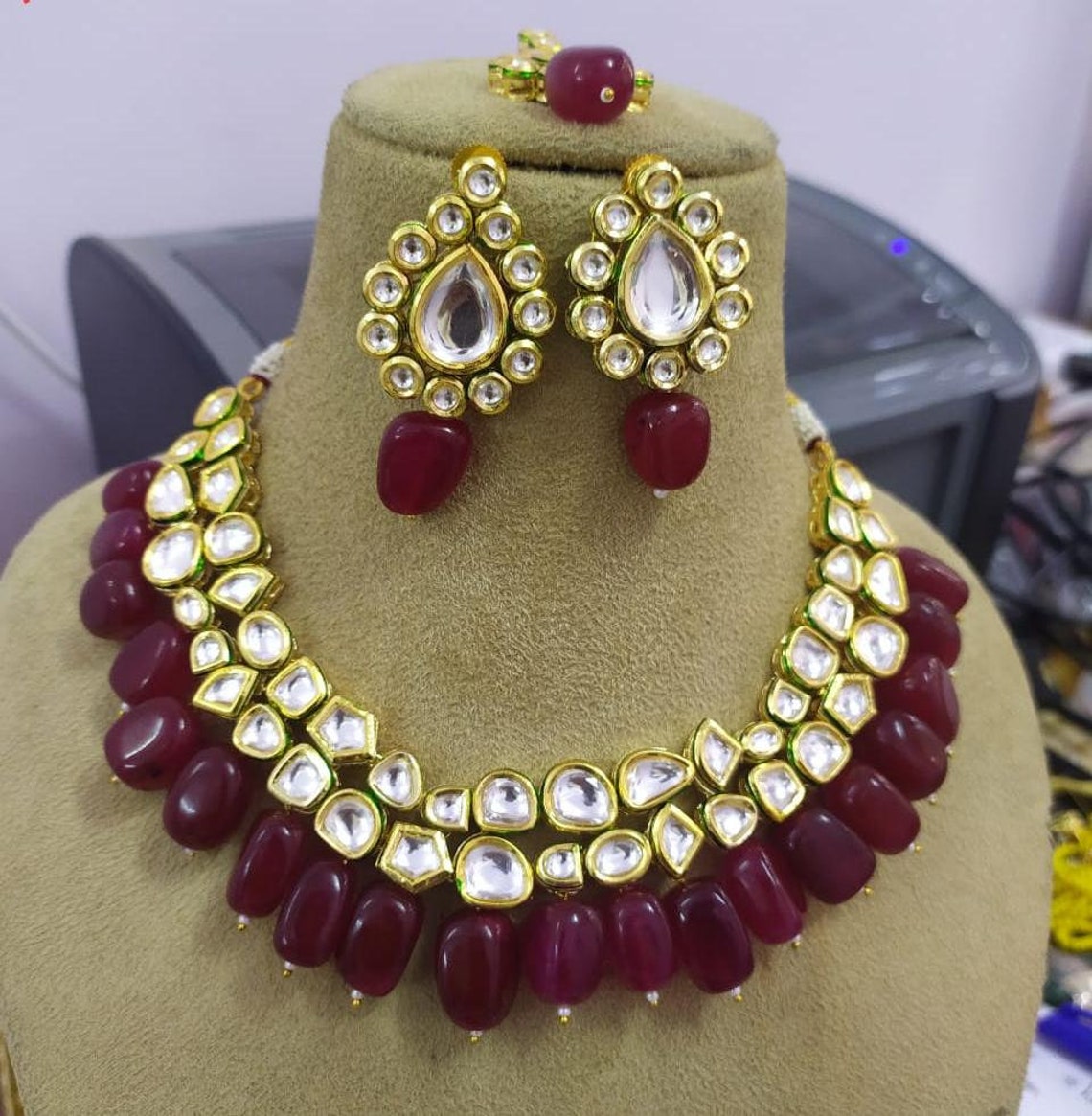 Simple kundan necklace set blue kundan set maroon kundan Etsy