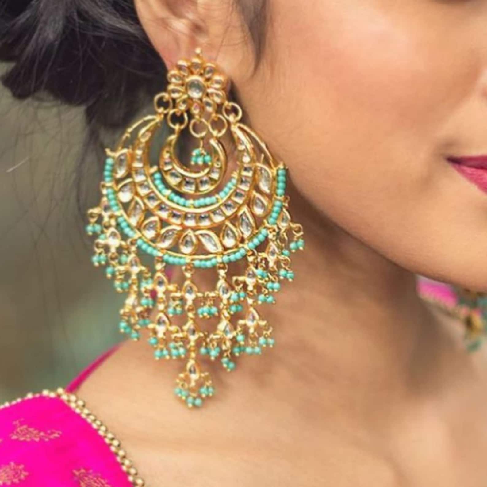 Huge Kundan Chandbali Earrings Pink Kundan Earrings Green Etsy