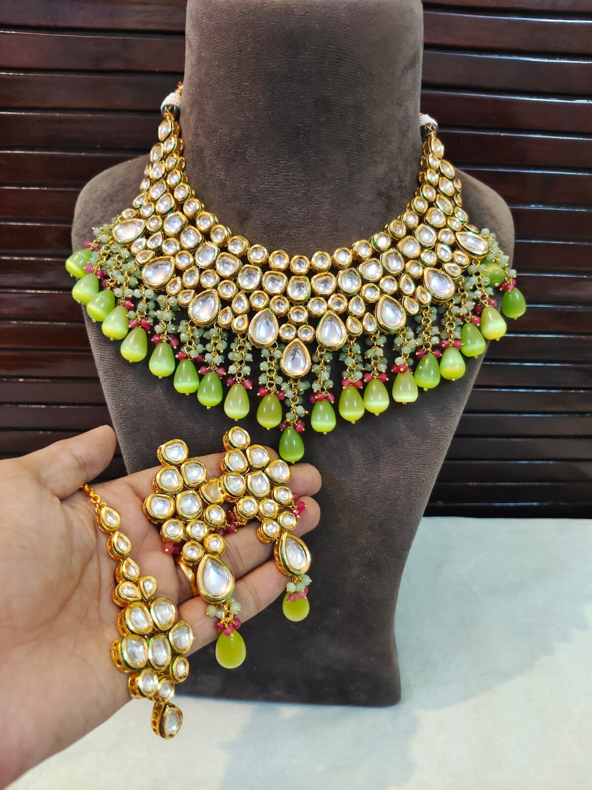 Green Kundan Necklace Set Customizable 