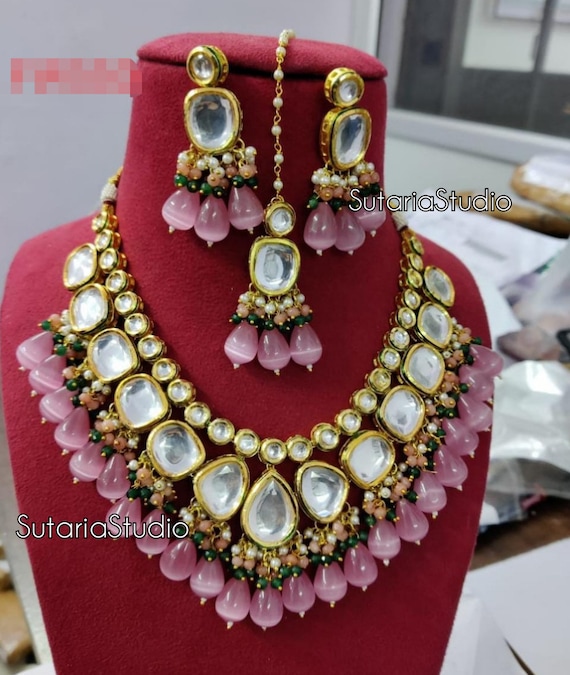 Pink kundan deals necklace