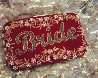 Red bridal clutch, embroidery bridal clutches, velvet embroidery clutches, bridal name clutches, name customized clutch
