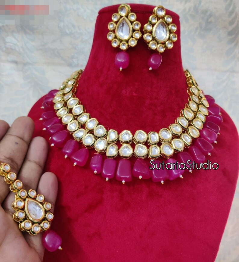 Simple Kundan Necklace Set Blue Kundan Set Maroon Kundan Etsy