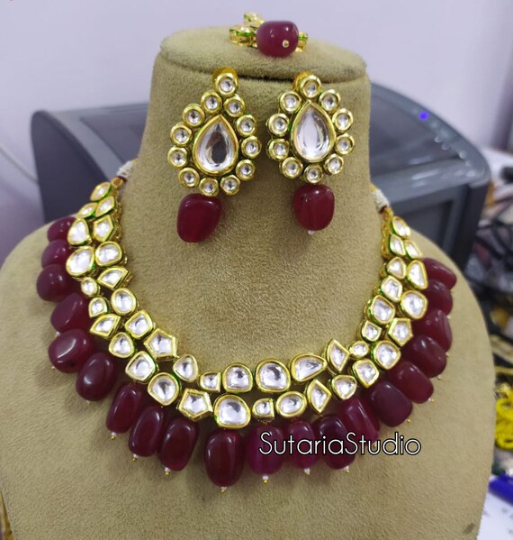 Simple Kundan Necklace Set Blue Kundan Set Maroon Kundan Etsy
