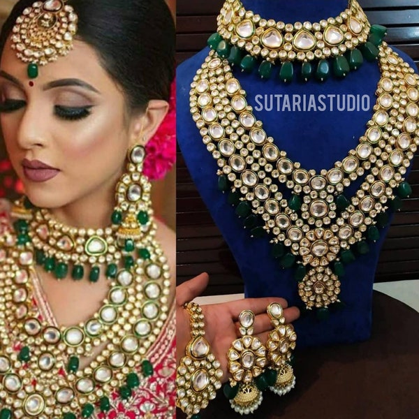 Green kundan bridal jewellery, heavy Indian bridal kundan designer jewellery, bollywood jewellery, Sabyasachi jewellery, Jodha akbar jewelry