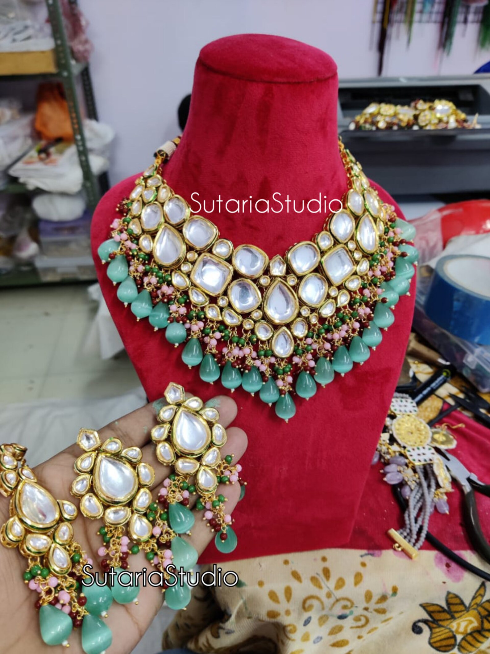 Designer Blue Kundan Necklace Set With Monalisa Beads Pink Etsy