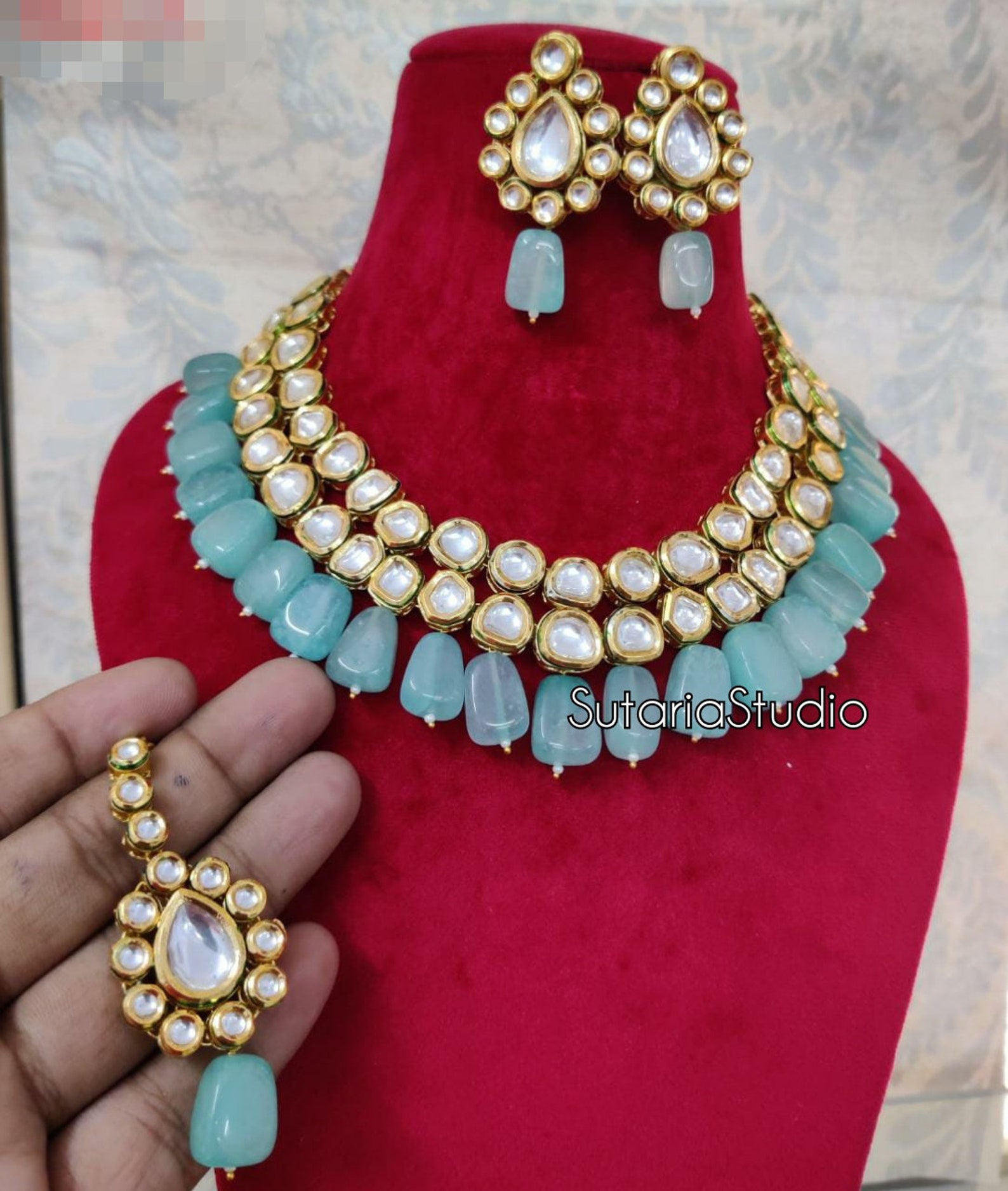 Simple Kundan Necklace Set Blue Kundan Set Maroon Kundan Etsy