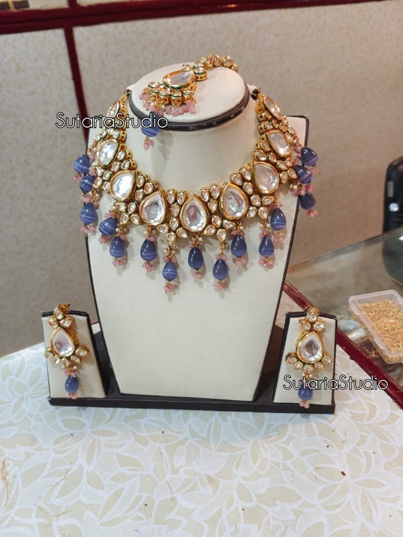 Designer Blue Kundan Necklace Set With 
