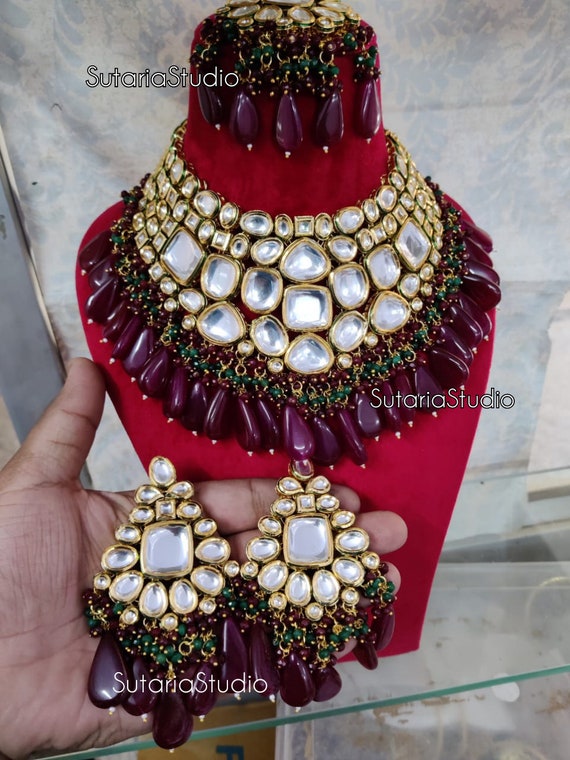 Maroon Kundan Necklace Set Green Kundan 
