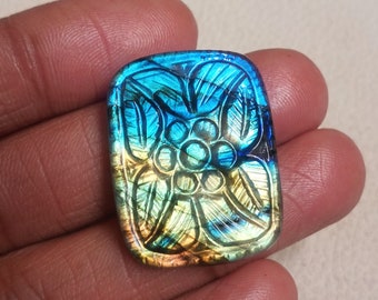 Oval Shape Labradorite Cabochon Mughal Carving Multi Flashy Carving Labradorite Gemstone Size 21*31*9mm Weight 49Cts Jewelry Gemstone