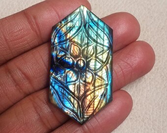 Oval Shape Labradorite Cabochon Mughal Carving Multi Flashy Carving Labradorite Gemstone Size 21*31*9mm Weight 49Cts Jewelry Gemstone