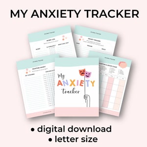 May include: Printable digital download of a pink and blue anxiety tracker with a title that says "My Anxiety Tracker". The tracker includes sections for worry log, anxiety triggers, nighttime anxiety, and symptom and mood chart.