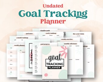 Könnte beinhalten: Ein druckbarer Zielverfolgungs-Planer mit einem rosa-grünen Blumenmuster. Der Planer enthält Seiten zum Visualisieren von Zielen, einer jährlichen Roadmap, einer 3-Monats-Roadmap, einem Wochenplaner, Zielfortschritt, einer wöchentlichen Übersicht, monatlichen Meilensteinen und einer 5-Jahres-Vision.