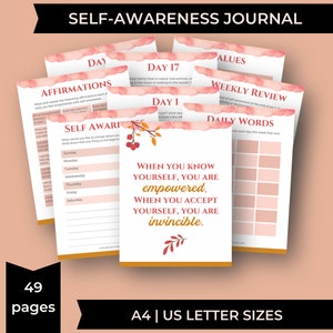 printable self-awareness journal has 49 pages in A4 and US letter sizes