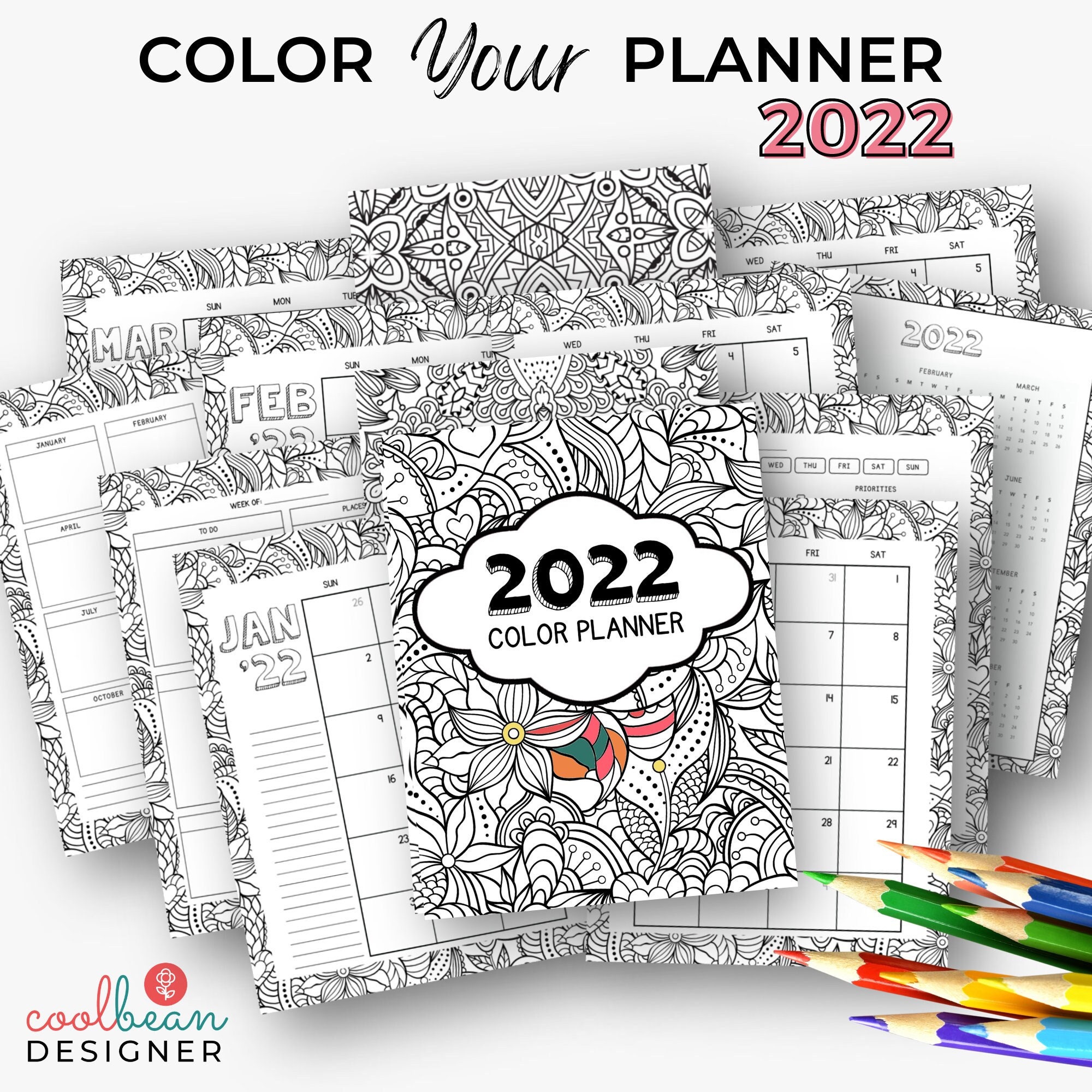 Coloring Daily Planner Printable 2022 Calendar Adult | Etsy