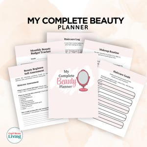 以下が含まれることがあります： 「マイ・コンプリート・ビューティー・プランナー」というタイトルのピンクと白の印刷可能なプランナー。このプランナーには、毎月の美容予算トラッカー、美容レジメンの自己評価、スキンケア評価、ヘアケアログ、メイクアップルーティン、ヘアケア目標のセクションが含まれています。