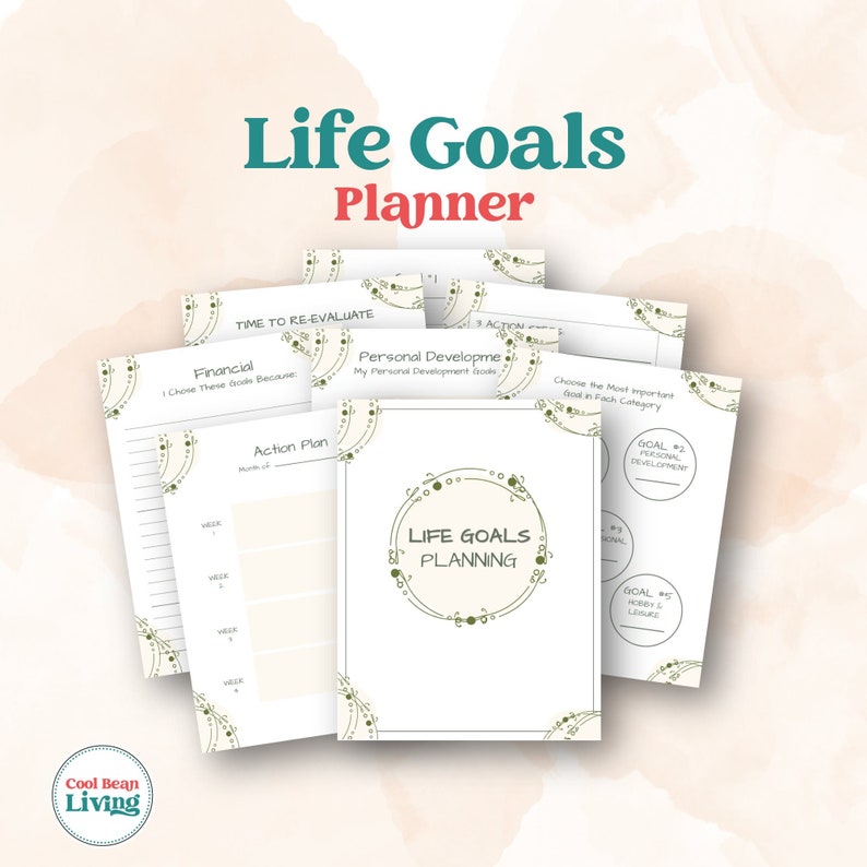 May include: A printable life goals planner with a green and white floral design. The planner includes sections for financial goals, personal development goals, and action plans.