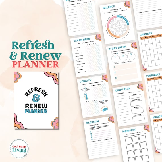 Printable Refresh and Renew Personal Growth Planner | Rejuvenate Your Mind and Body Wellness  Planner | Retro Design