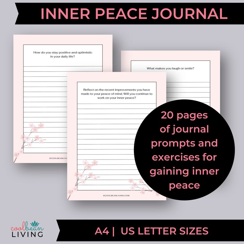 20 pages of journal prompts and exercises for gaining inner peace, comes in A4 and US letter sizes
