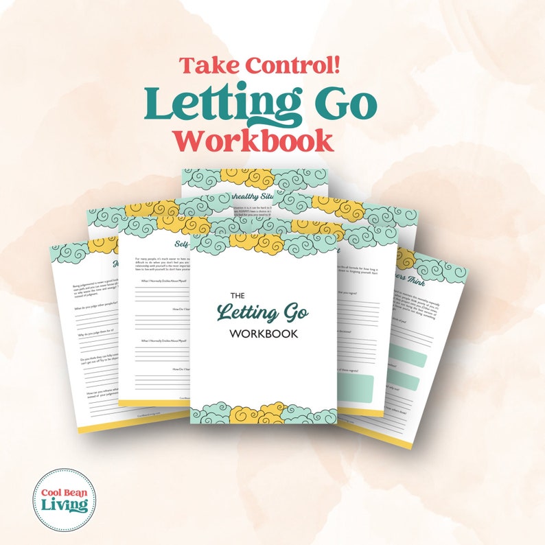 以下が含まれることがあります： 「The Letting Go Workbook」というタイトルのワークブックで、青と黄色の雲のデザインが施されています。このワークブックは、ネガティブな思考や感情を手放すのを助けるために設計されています。