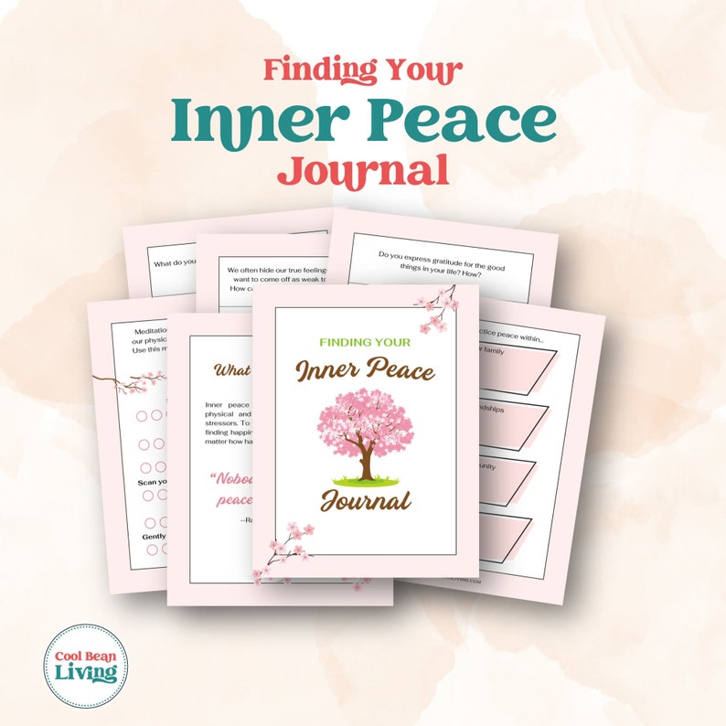 Peut inclure: Un journal imprimable rose et blanc avec le titre "Finding Your Inner Peace Journal". Le journal pr&eacute;sente un cerisier rose avec un tronc blanc et des feuilles vertes. Le journal est con&ccedil;u pour aider les gens &agrave; trouver la paix int&eacute;rieure et le bonheur.