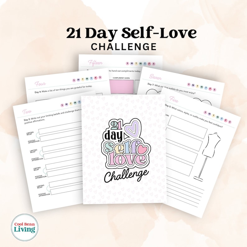 May include: A printable 21-day self-love challenge with a pink and purple heart design. The challenge includes prompts for each day, such as writing positive affirmations, listing limiting beliefs, and identifying what makes you feel confident.