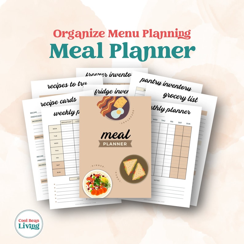 May include: A printable meal planner with a brown background and illustrations of food. The planner includes sections for recipes, a weekly meal plan, a fridge inventory, a pantry inventory, a grocery list, and a monthly planner.