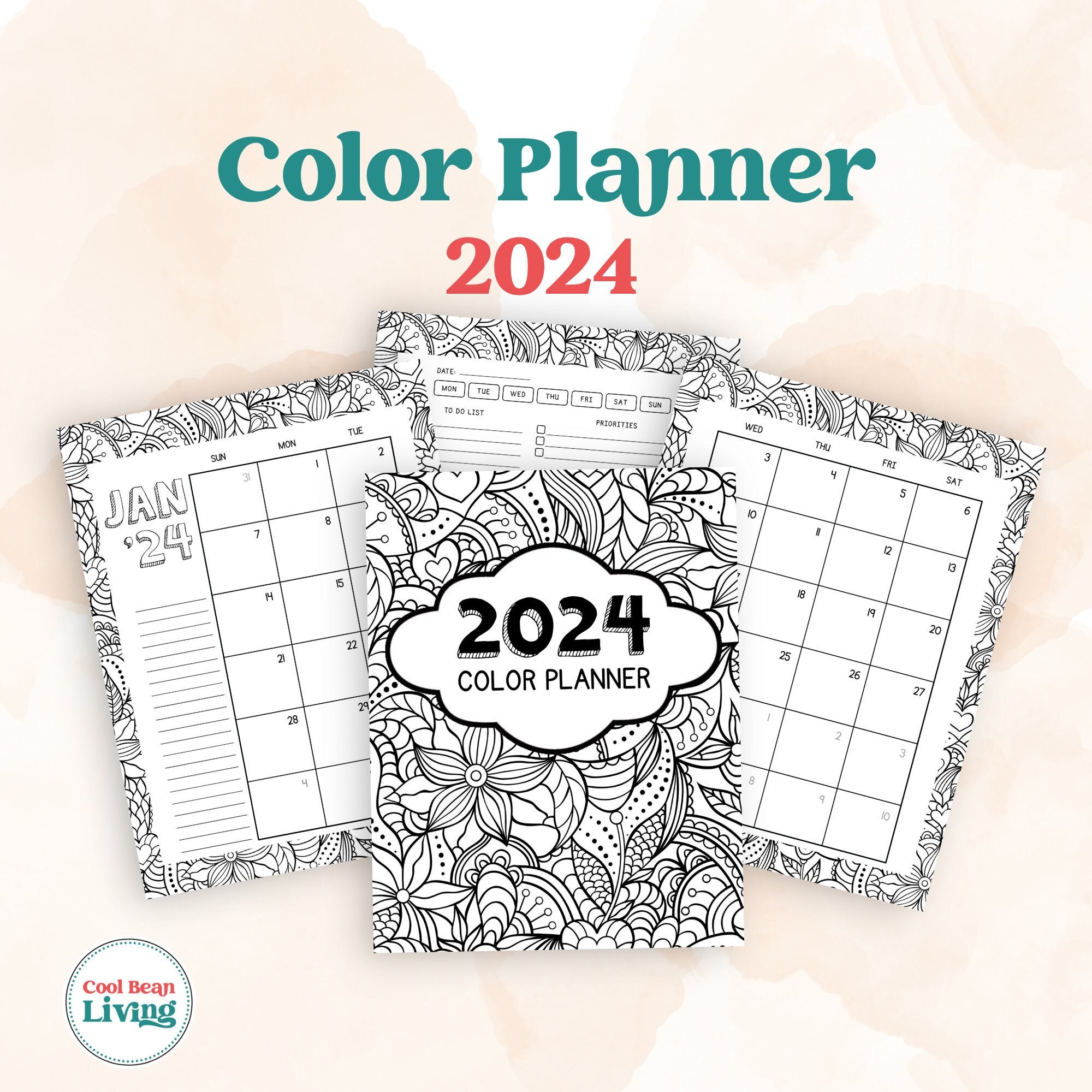 WEEKLY COLORING PLANNER • Floral PLANNER PAGE • ADULT COLORING